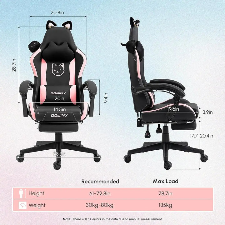 Gaming Chair Cute with Cat Ears and Massage Lumbar Support, Ergonomic Computer Chairs with Footrest and Headrest, Gaming Chair