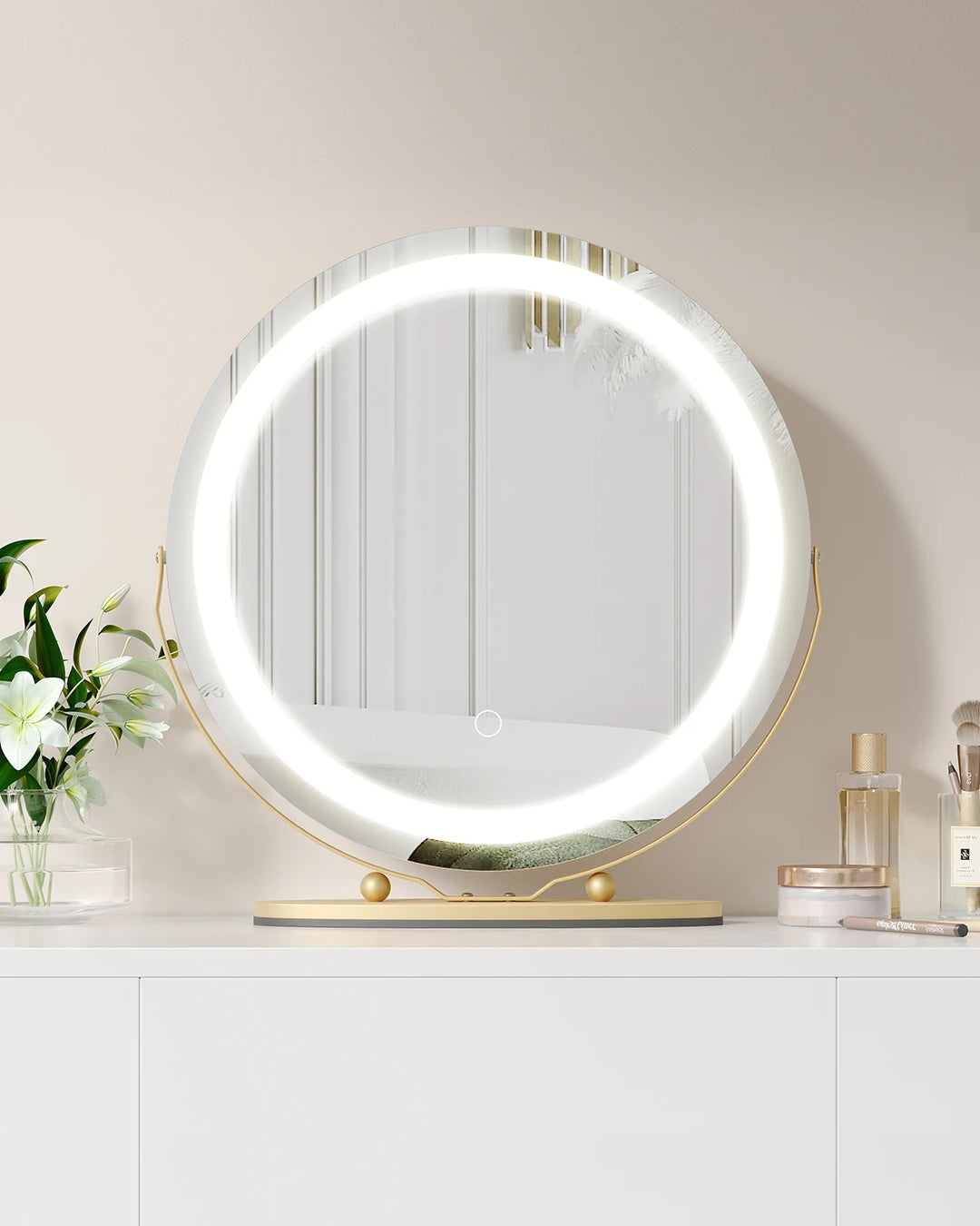 19 Inch Large Round Vanity Mirror with Lights LED Makeup Mirror Touch Control 3 Colors Lighting Dimmable for Bedroom Tabletop