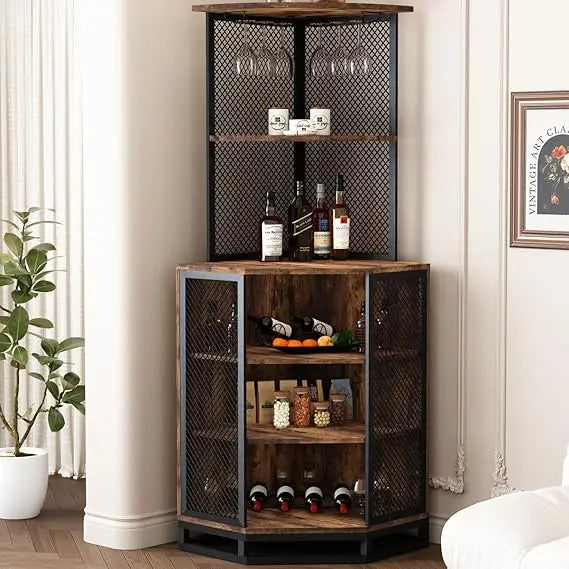 Tall Corner Bar Cabinet, Large Wood and Metal Liquor Cabinet with Wine Rack, Industrial Corner Wine Cabinet with Adjustble Shel