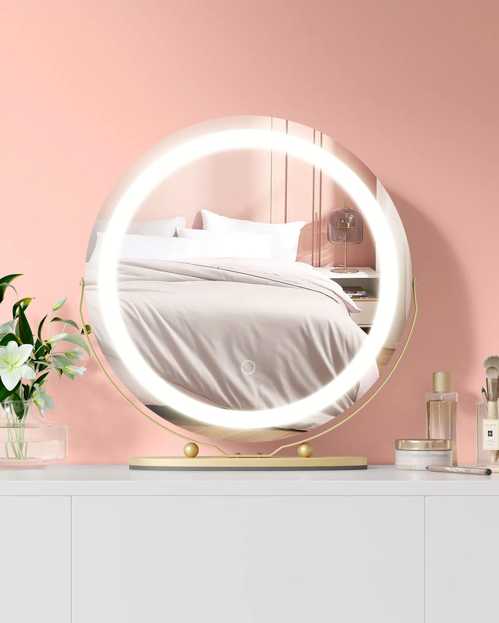 19 Inch Large Round Vanity Mirror with Lights LED Makeup Mirror Touch Control 3 Colors Lighting Dimmable for Bedroom Tabletop