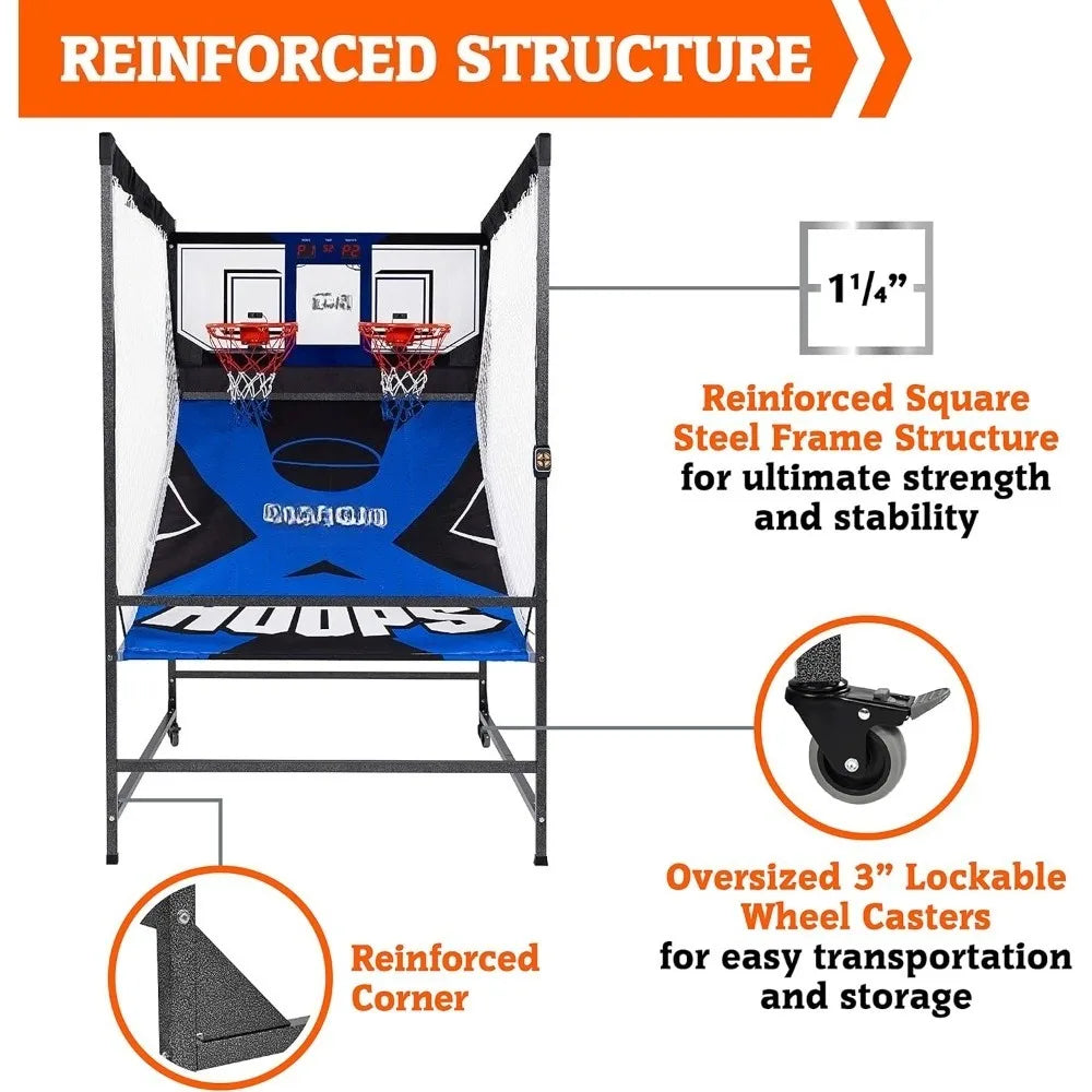 hall of games premium arcade cage basketball game with steel frame and polycarbonate backboard, dual shot led scoring