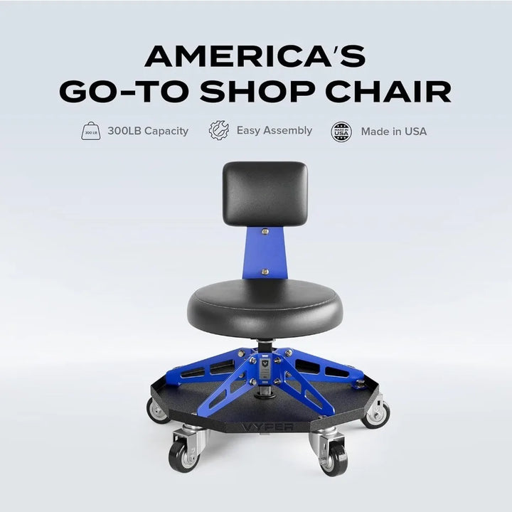 Robust Steel Sport Shop Chair for Mechanics, Automotive, DIY,300 lb Capacity Garage Stool with Backrest & Large Wheels