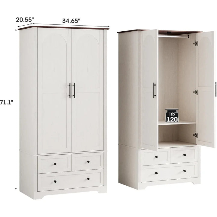 Wooden Wardrobe Closet,Versatile Storage Armoire Wardrobe Closet with Aluminum Alloy Hanging Rod, 2 Doors，3-Drawer and H
