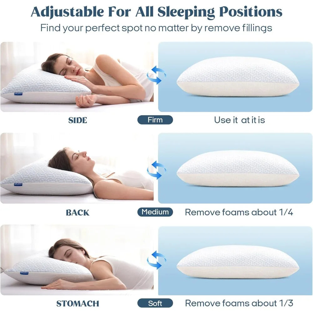 ® Queen Size Pillows Set of 2, Shredded Memory Foam Pillows, Cooling Queen Pillow 2 Pack, Adjustable Firm Bed Pillow for Sleepin