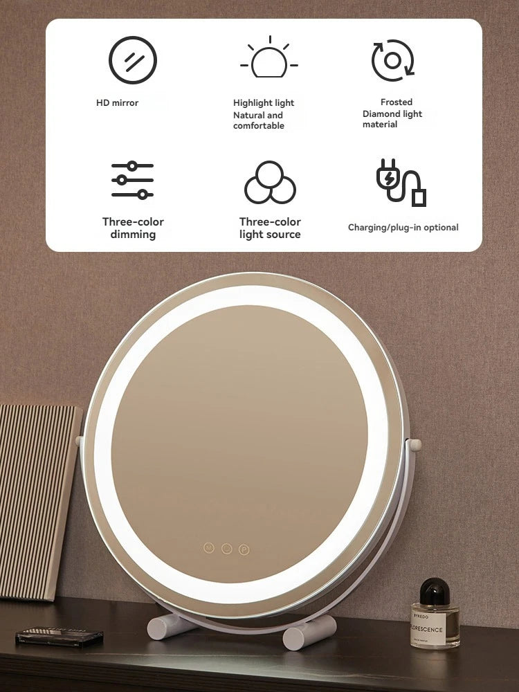 Dressing table mirror, makeup mirror, desktop bedroom, household circular makeup mirror, LED makeup table, makeup mirror