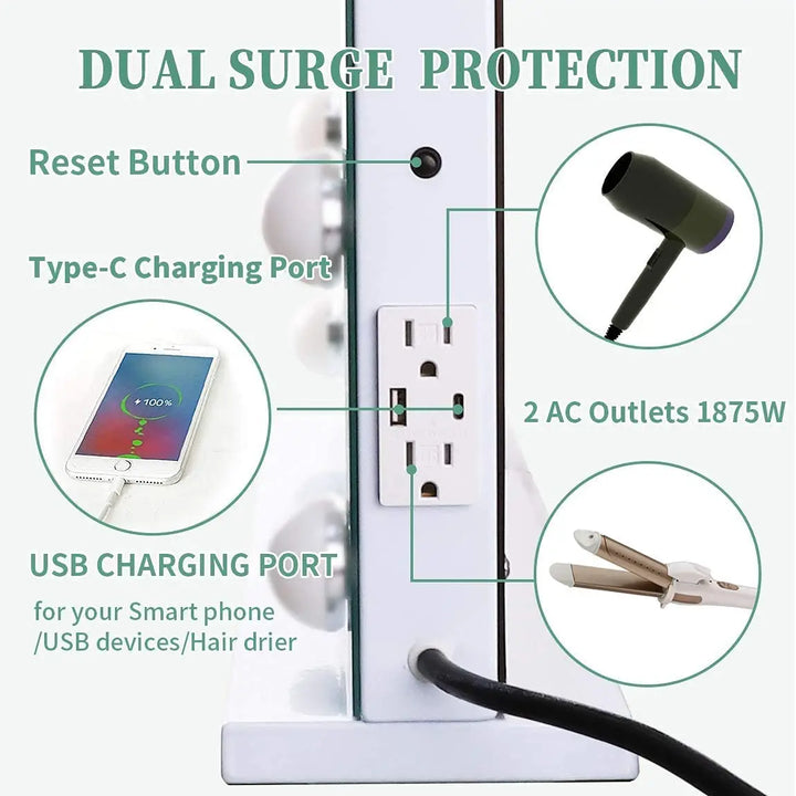 Large Hollywood Makeup Mirror 18 LED Bulbs Vanity Mirror with Protective Power Outlet USB Charging Port 3 Color Lighting Modes