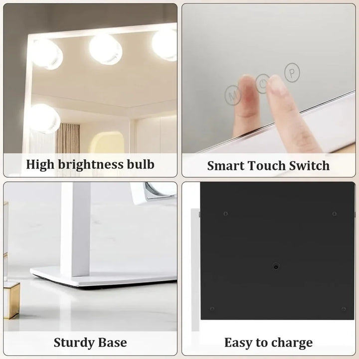 Tabletop Vanity Mirror with 12 LED Bulbs with 3 Color Lighting Modes, Bedroom, Bathroom Vanity Mirror, Touch Controls
