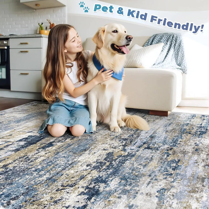 8x10 Washable Modern Abstract Neutral Area Rug - Soft, Non-Slip, Low-Pile Indoor Carpet for Living Room and Bedroom