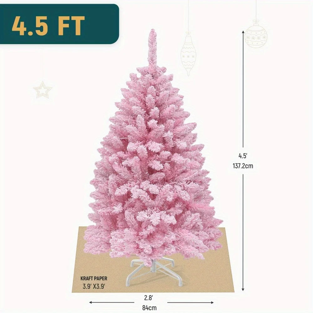 4.5ft Pre-Lit Pink Artificial Christmas Tree, Flocked Spruce Artificial Christmas Tree with 400 PVC Tips and 200 Lights, Pink