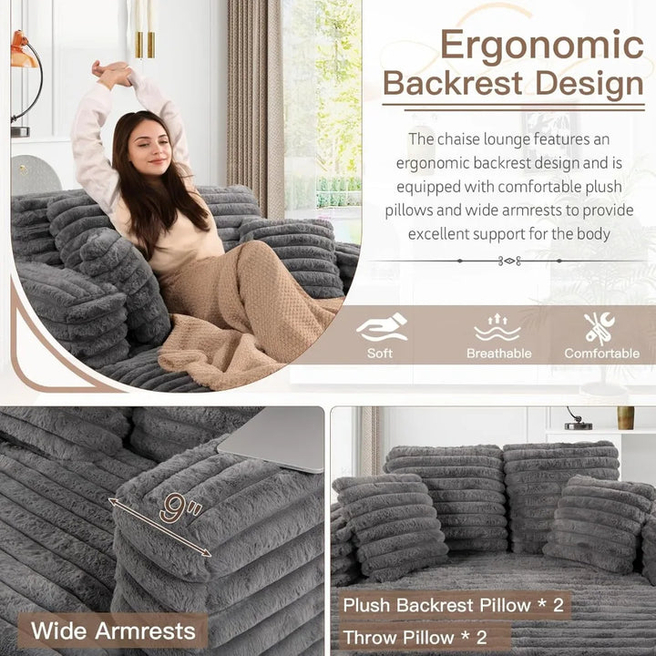 56"W Oversized Chaise Lounge Chair Indoor,Plush Faux Fur Sleeper Sofa Couch Bed with Pillows&Wide Armrest,Fluffy Comfy Cloud Sof