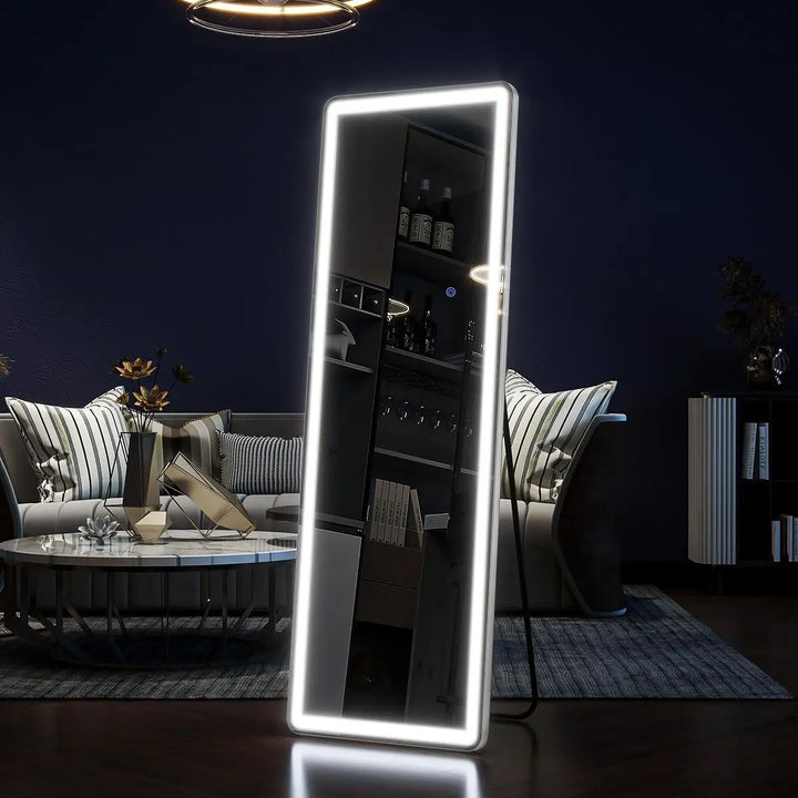 60"x16" Full Length Mirror with Lights,LED Mirror Full Length,Lighted Floor Mirror with Stand,Full Body Mirror with Dimming & 3