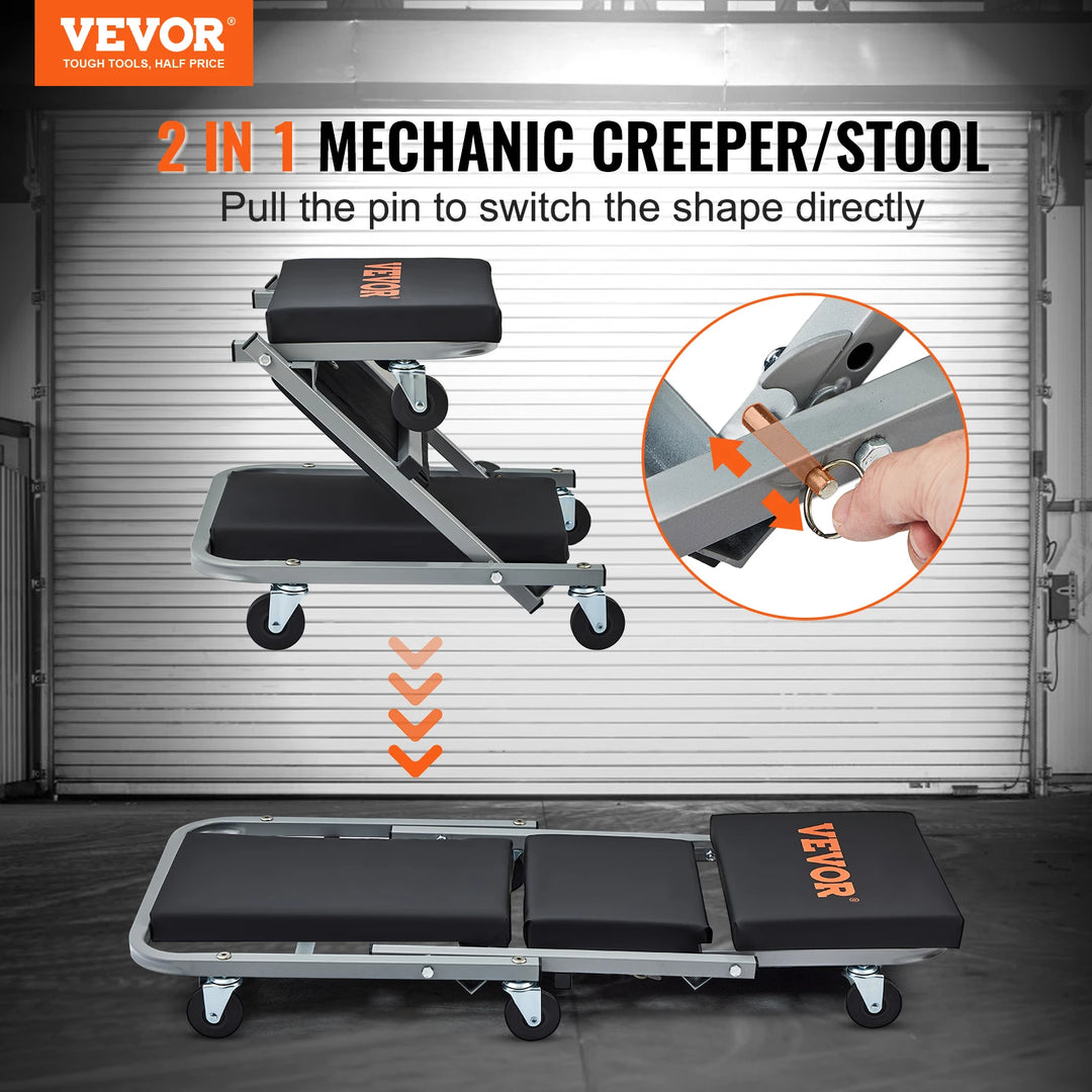 SucceBuy Z-Creeper Seat 2 in 1 Rolling Folding Car Creeper/Stool Low Profile  with 6 pcs Wheels for Garage Shop Auto Repair