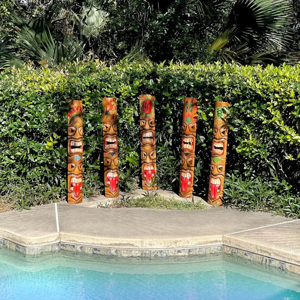 Set of 5 Exquisite Hand-Carved Double Tiki Mask Totem Wall Sculptures, 40 Inches Tall, Crafted from Sustainable Wood