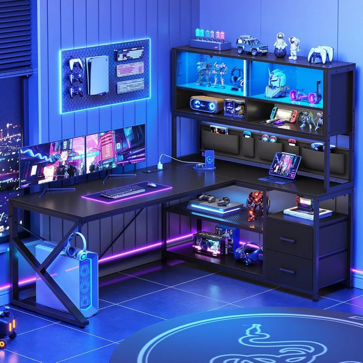 L Shaped Gaming Desk, Home Office Computer Desk with 2 Drawer and Bookshelf, L Shaped Gaming Desk with LED Light, Glass Cabinet