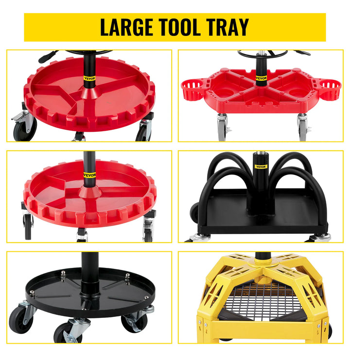 SucceBuy Rolling Garage Stool Car Detailing Stool Adjustable Height Mechanic Seat With Tool Tray Workshop Auto Repair Shop Stool