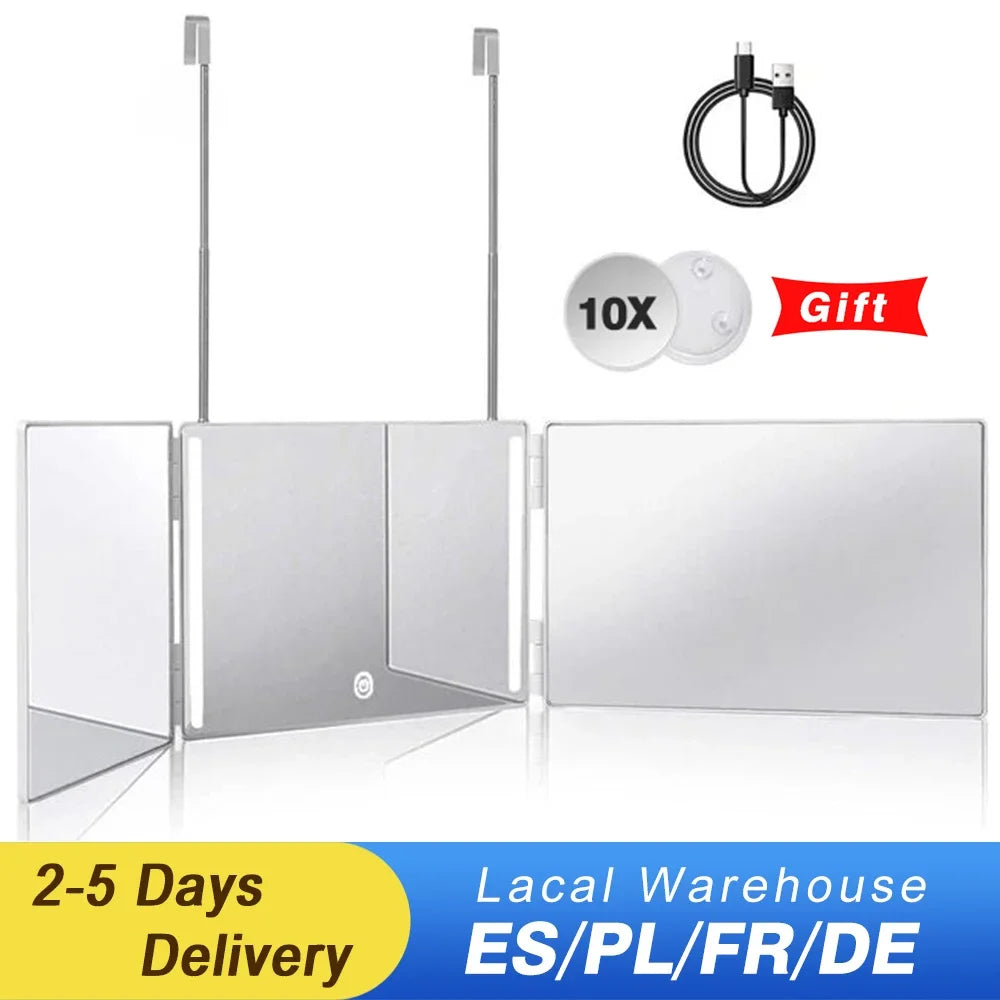 YINGHE 5 Way Mirror for Hair Cutting,Real Glass Adjustable Trifold Mirror with Light,Telescoping Hooks for Makeup and Styling