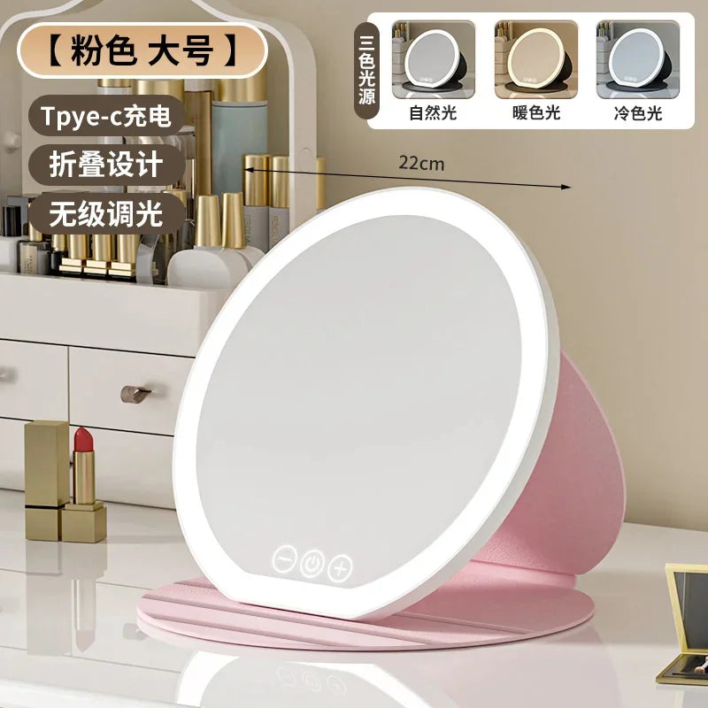 3 Colors Dimmable LED Makeup Mirror With Touch Screen Fold Cosmetic Makeup Mirror Rechargeable Tabletop For Travel & Home Use