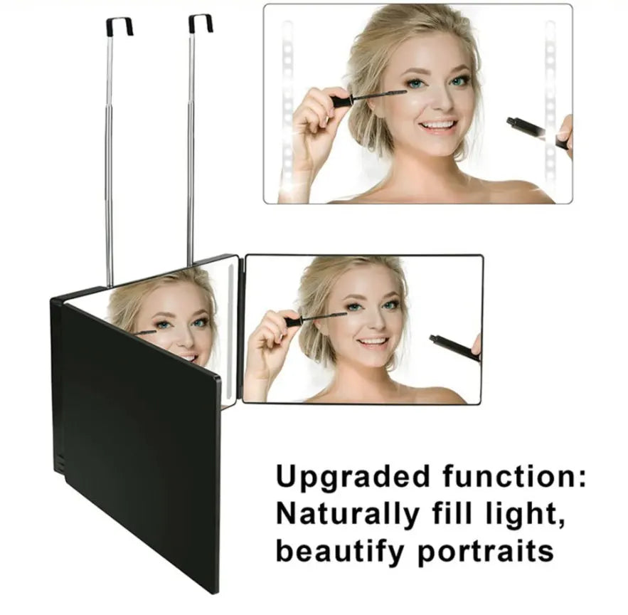 Rectangle trifold vanity mirror led lighted adjustable hair cutting  3 way salon hairstyling mirror for self hair cutting 360