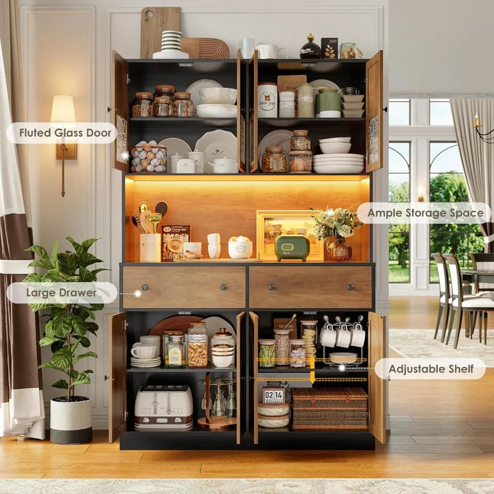 71" Pantry Cabinet with LED Light and Charging Station, Farmhouse Kitchen Pantry Cabinet with Microwave Stand, 47.2" W