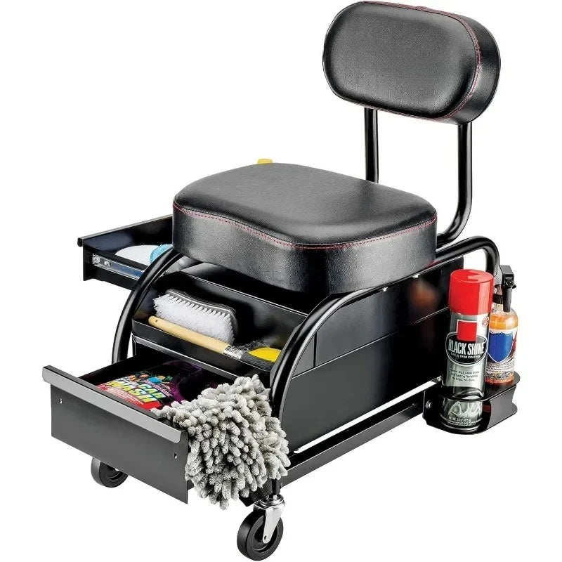Professional Car Detailers Mechanics Roller Seat, Heavy Duty Garage Stool with Thick Padded Seat and Backrest,NEW