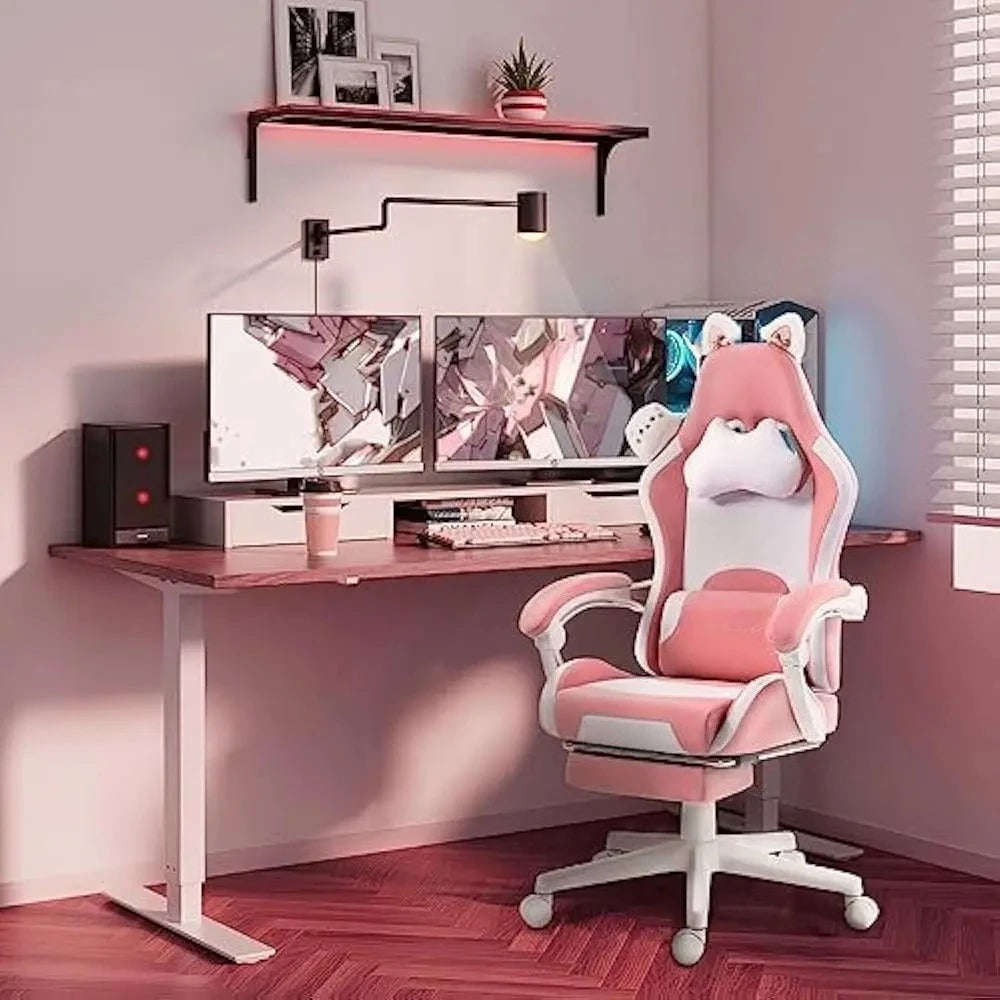 Gaming Chair Cute with Cat Ears and Massage Lumbar Support, Ergonomic Computer Chairs with Footrest and Headrest, Gaming Chair