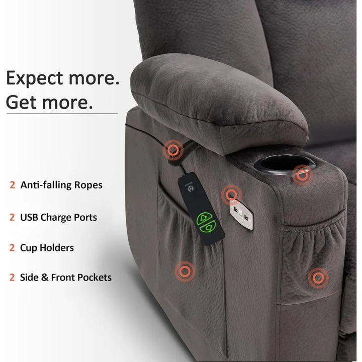 elderly-friendly power lift recliner sofa with extended footrest, 3 recline positions, handheld remote, 2 cup holders, and usb c