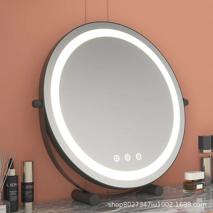 Metal Desktop Makeup Mirror  3-Level LED Lighted Vanity Mirror  Adjustable Rotating Makeup Mirror for Clear Imaging