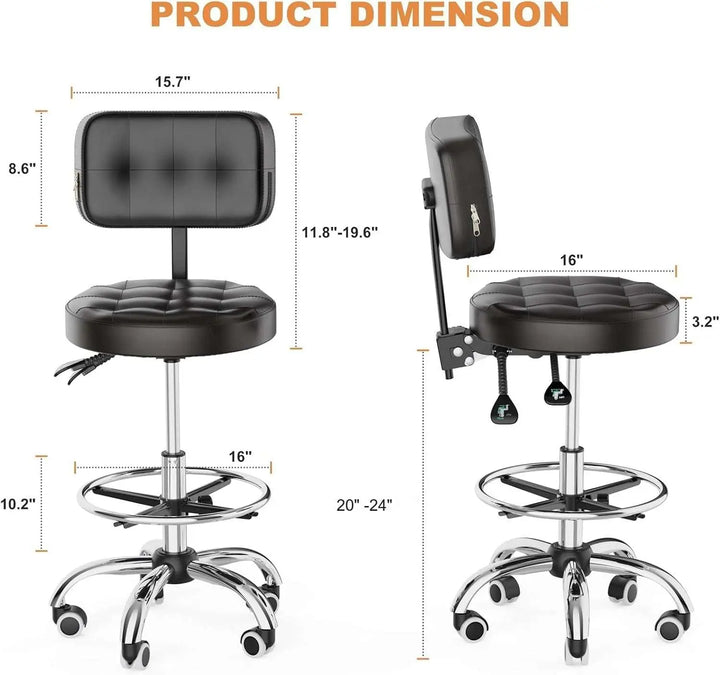 Rolling Stool, Rolling Stools with Wheels Foot Rest, Backrest Adjustable Height, Heavy Duty 400lbs Weight Capacity