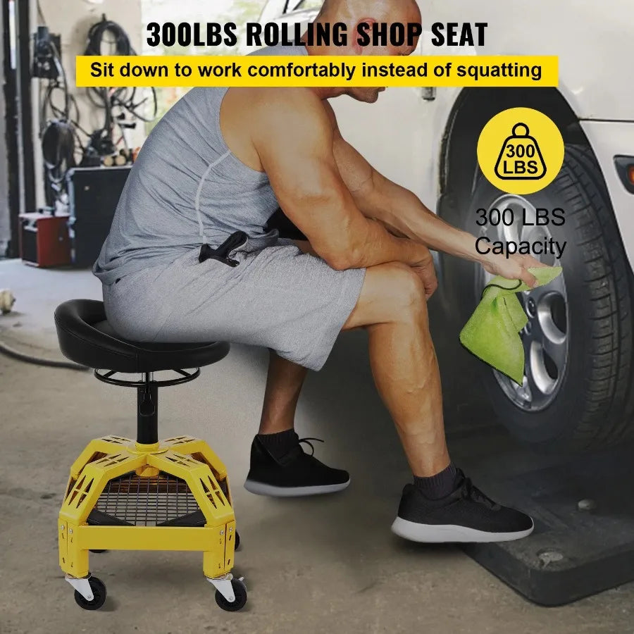 Rolling Garage Stool 300LBS Capacity Adjustable Height from 24 in to 28.7 in Mechanic Seat with 360degree Swivel Wheels and To