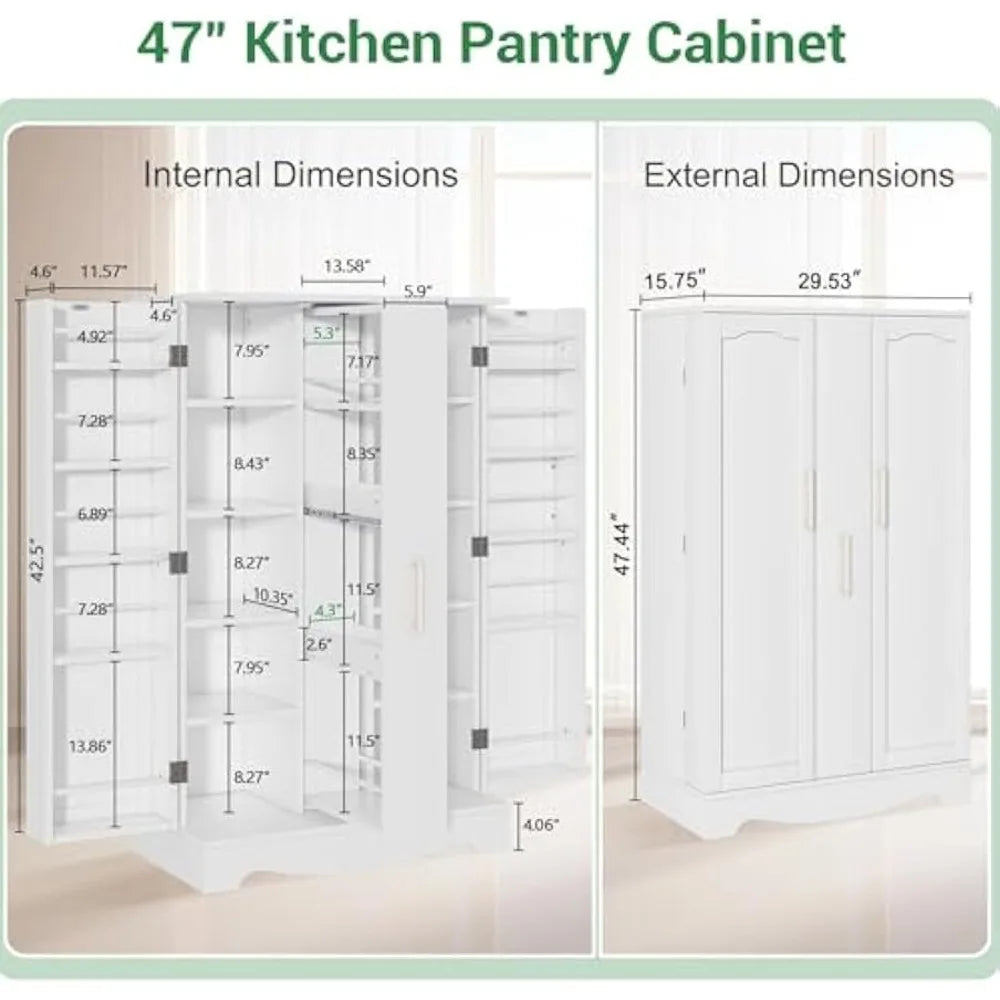 47" Kitchen Pantry Cabinet With Drawer, Storage Cabinet With Adjustable Shelves, White Buffet Cupboards Sideboard for Home Offic