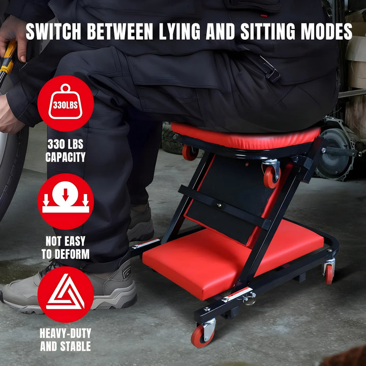 300 Lbs Capacity Z - Creeper Seat: 36" 2 - in - 1 Black Foldable Low - Profile Garage Chair with 6 Wheels - Ideal for Mechanics