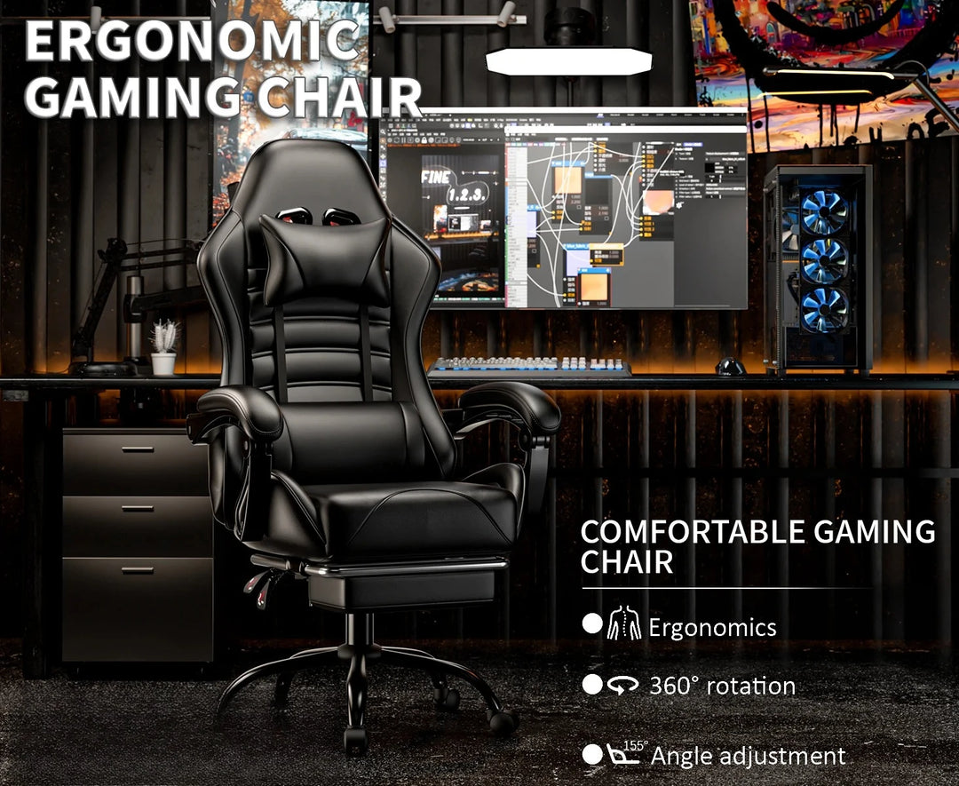 Ergonomic Gaming Chair with Footrest, Racing Style Video Game Chair for Adults, Reclining Gamer Office Chair