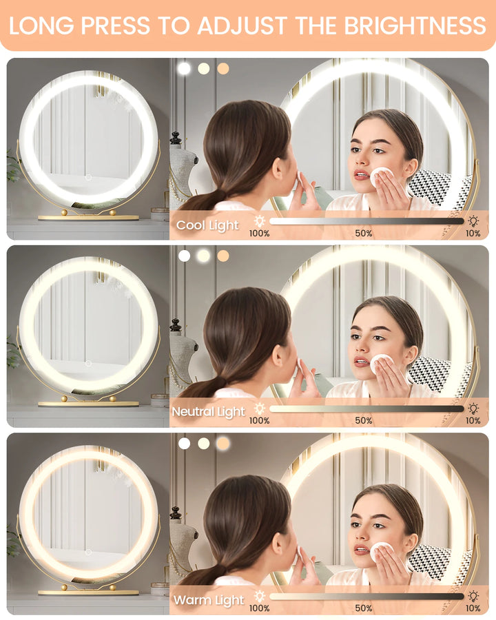 19 Inch Large Round Vanity Mirror with Lights LED Makeup Mirror Touch Control 3 Colors Lighting Dimmable for Bedroom Tabletop