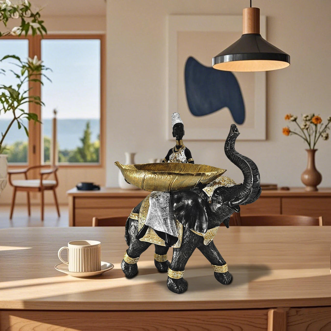 Elephant Statues Tray-14.5" Animal African Lady Tribal Sculpture Set,Silver Figure Figurines with Tribal Totem Design Home Decor