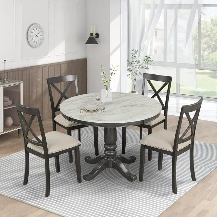 5 Pieces Dining Table and Chairs Set for 4 Persons, Farmhouse Rustic Modern Kitchen Room Solid Wood Pedestal Table with 4 Cross