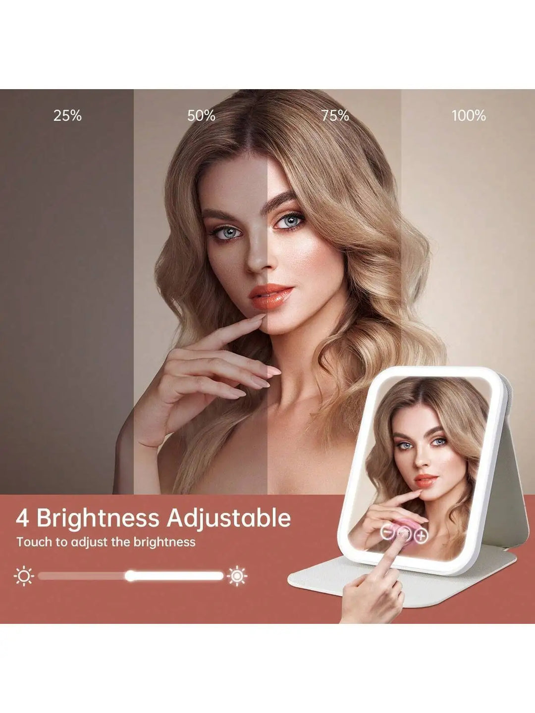 LED Makeup Mirror Portable Travel Lighted Beauty Mirror, 3 Color Lighting, Dimmable Touch Screen, Rechargeable Tabletop LED Fold