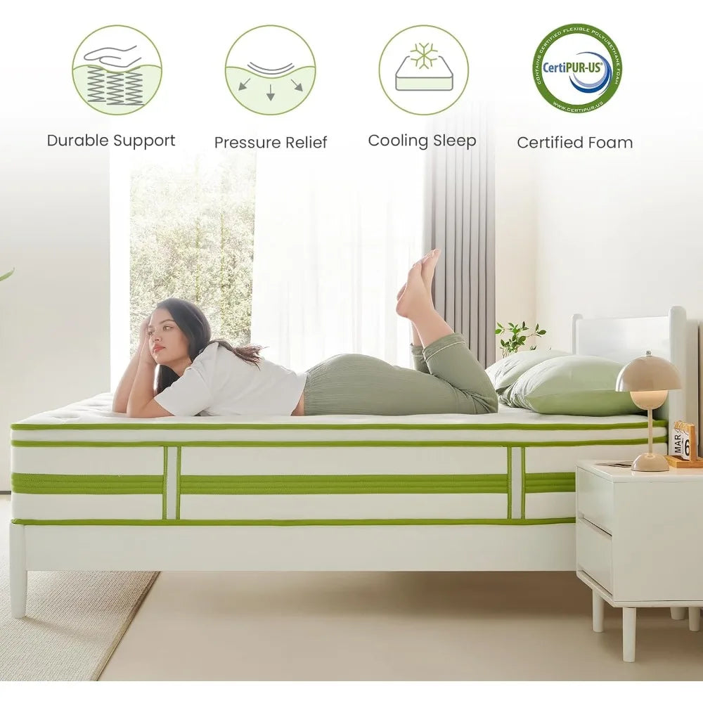 12 Inch Mattress King, Organic Cotton Fabric Cover, Gel Memory Foam and Individual Innersprings, Cooler Sleep with Pressure Reli