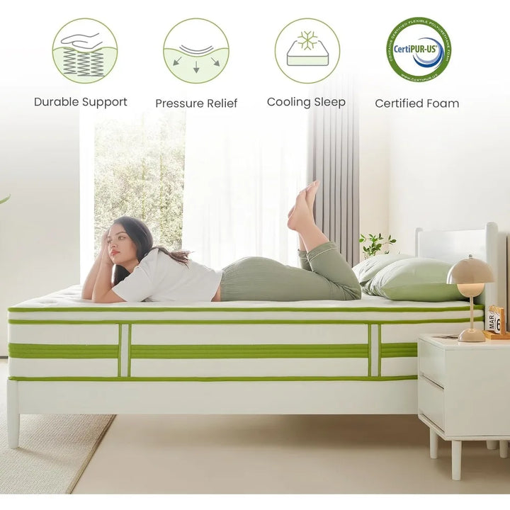 12 Inch Mattress King, Organic Cotton Fabric Cover, Gel Memory Foam and Individual Innersprings, Cooler Sleep with Pressure Reli