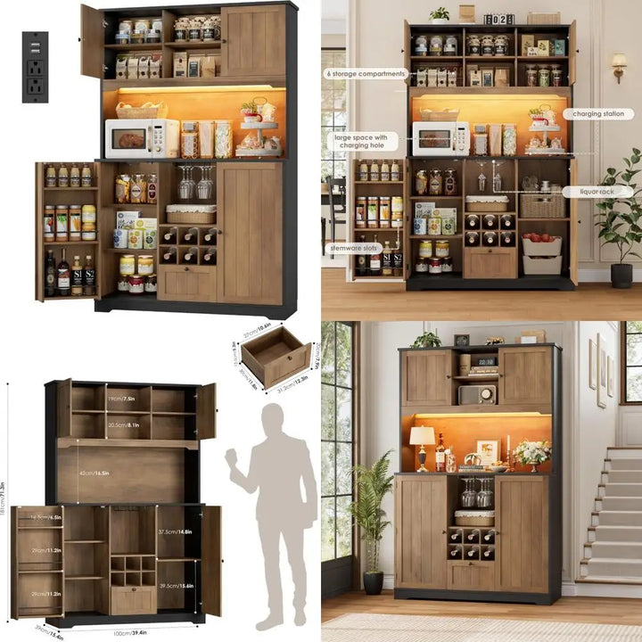 71" pantry cabinet with led light and charging station, kitchen pantry cabinet with microwave stand, kitchen hutch food storage