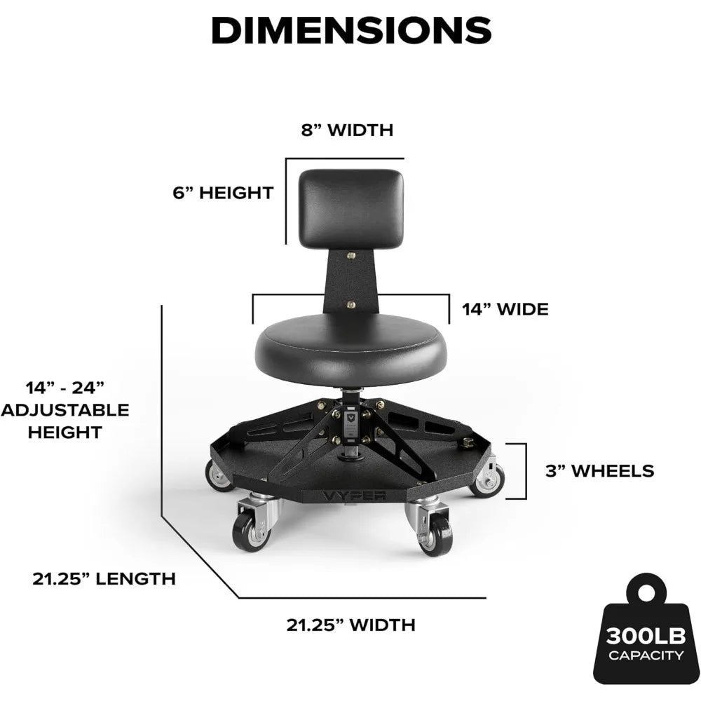 Robust Steel Sport Shop Chair for Mechanics, Automotive, DIY,300 lb Capacity Garage Stool with Backrest & Large Wheels