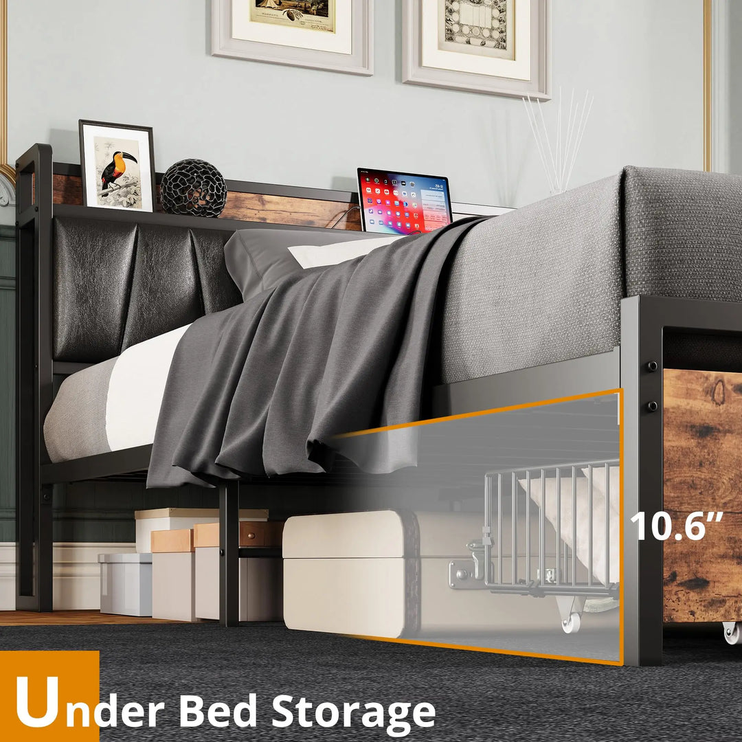 LIKIMIO California King Size Bed Frame, Storage Headboard with Charging Station, Platform Bed with Drawers, No Box Spring Needed