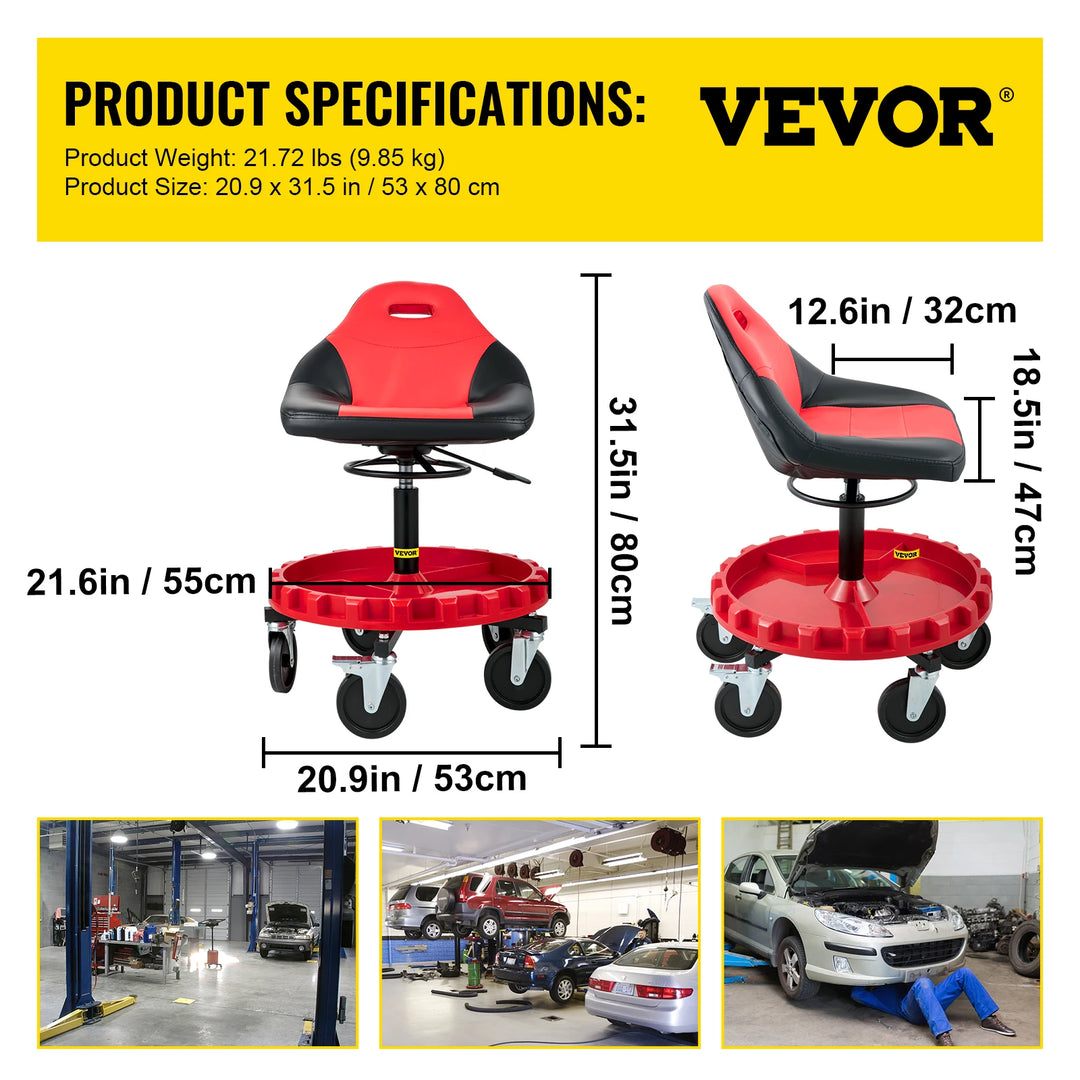 SucceBuy Rolling Garage Stool Car Detailing Stool Adjustable Height Mechanic Seat With Tool Tray Workshop Auto Repair Shop Stool