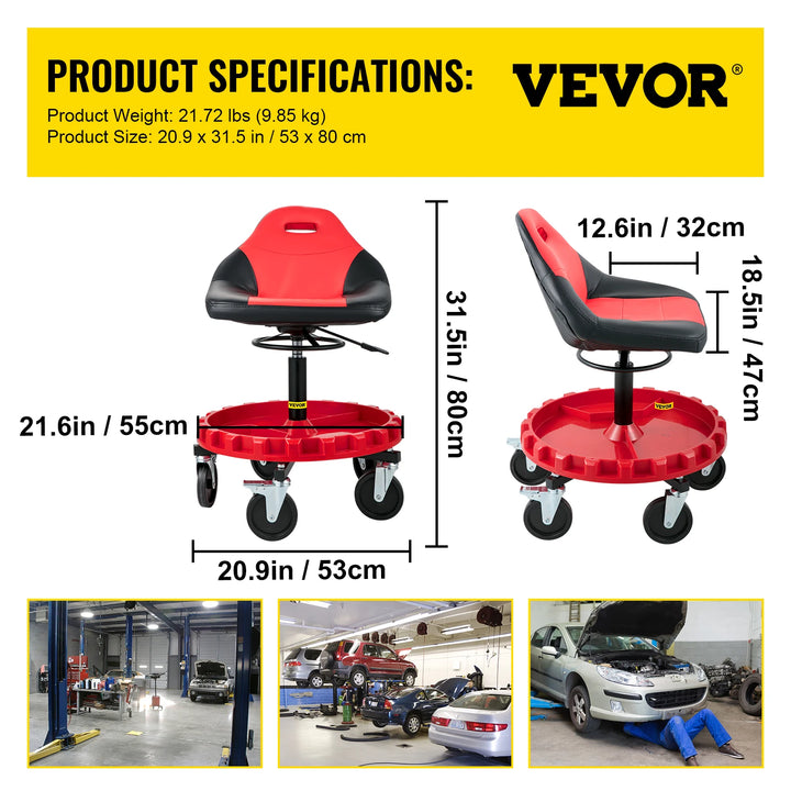 SucceBuy Rolling Garage Stool Car Detailing Stool Adjustable Height Mechanic Seat With Tool Tray Workshop Auto Repair Shop Stool