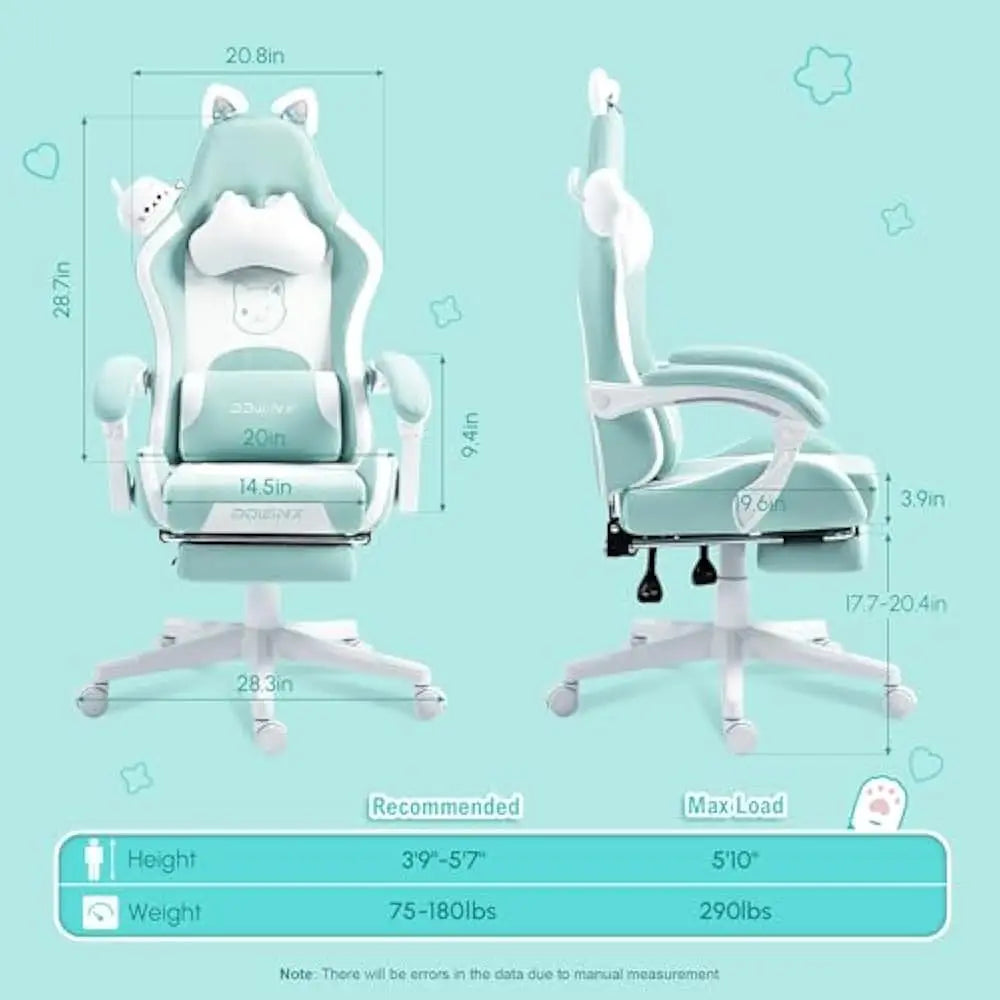 Gaming Chair Cute with Cat Ears and Massage Lumbar Support, Ergonomic Computer Chairs with Footrest and Headrest, Gaming Chair