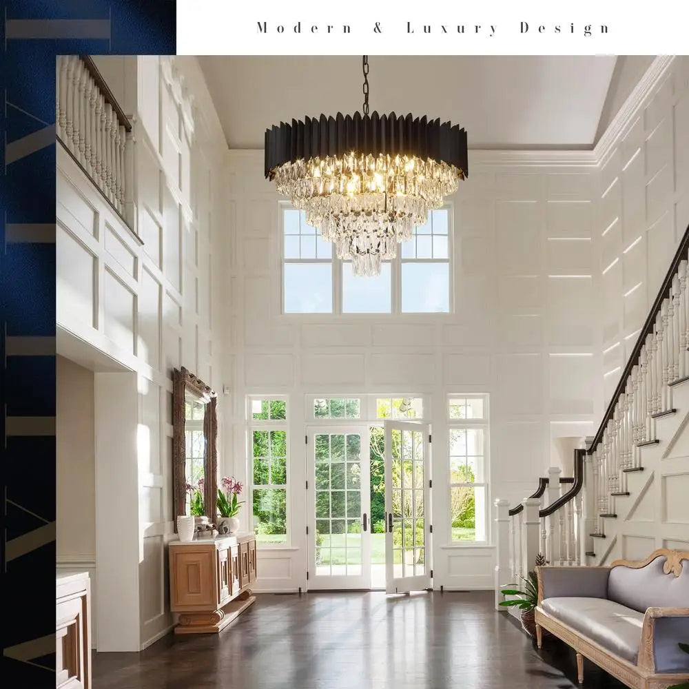 Modern Luxury Black Crystal Chandelier 30" 16-Light Round Fixture High Ceiling Pendant Foyer Living Room Dining Kitchen Hotel