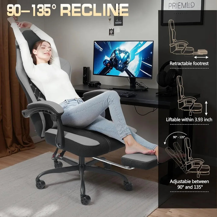400lbs Breathable Fabric Big and Tall Gaming Chair with Massage and Foot Rest,Gamer Chairs for Adults with Pocket Spring