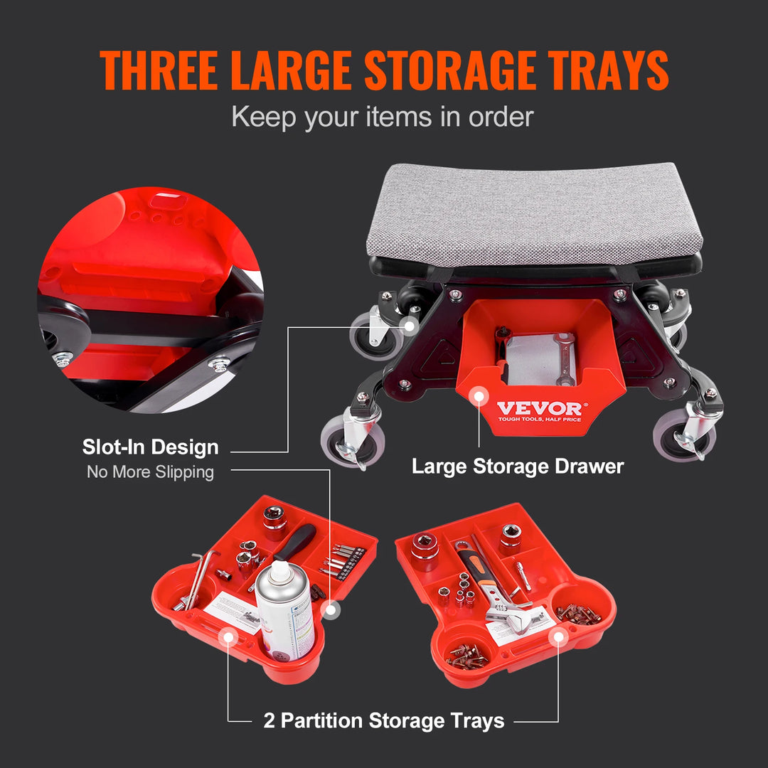 SucceBuy Rolling Mechanic Seat 300LBS w/ Wheels Tool Trays Drawer Heavy Duty Roller Creeper Seat for Home Garage DIY Automotive