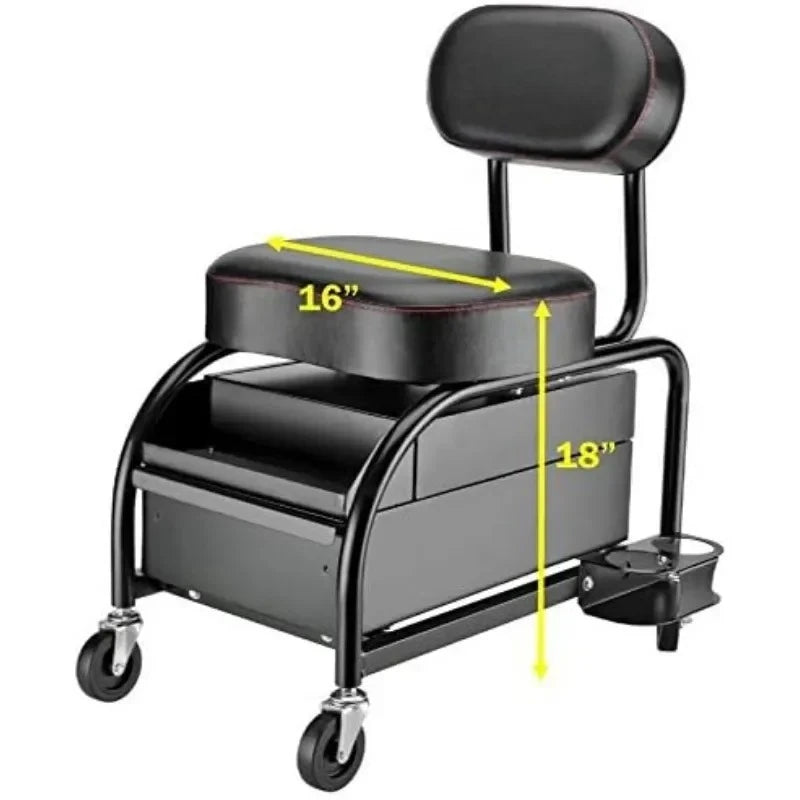 Professional Car Detailers Mechanics Roller Seat, Heavy Duty Garage Stool with Thick Padded Seat and Backrest,NEW