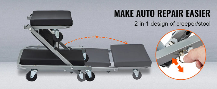 SucceBuy Z-Creeper Seat 2 in 1 Rolling Folding Car Creeper/Stool Low Profile  with 6 pcs Wheels for Garage Shop Auto Repair