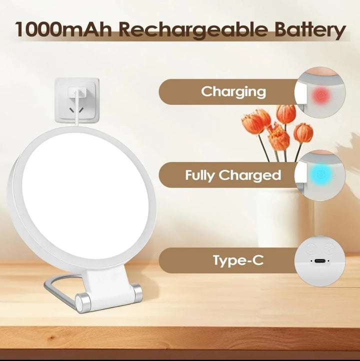 3 Colors LED Vanity Mirror with Touch Screen 5/10x USB Rechargeable Dimming Makeup Mirror 3 Brightness Portable
